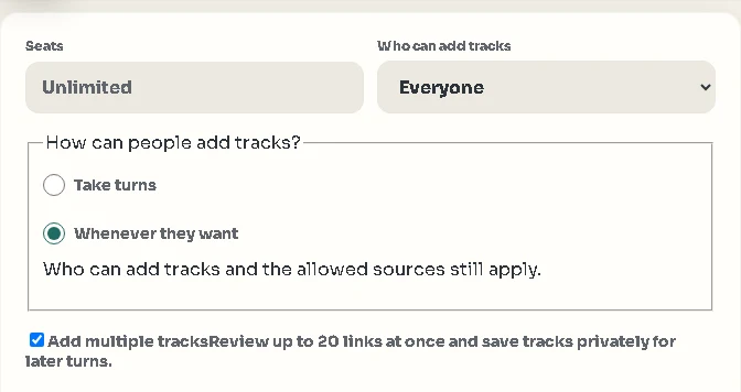 English tape settings with Everyone selected, Whenever they want selected, and Add multiple tracks checked.
